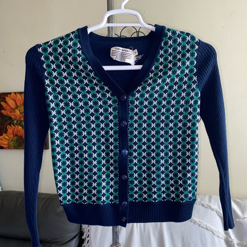 Preppy Academia Tory Sport Merino Contrast Button Front Cardigan Size Medium